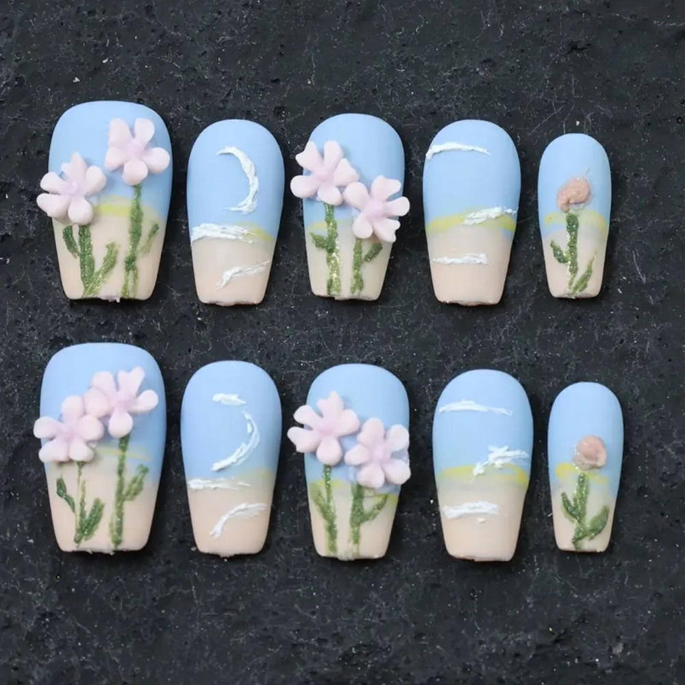 Floral Sky Blue & Cream 3D Press-On Nails reusable medium length 10 pc handmade